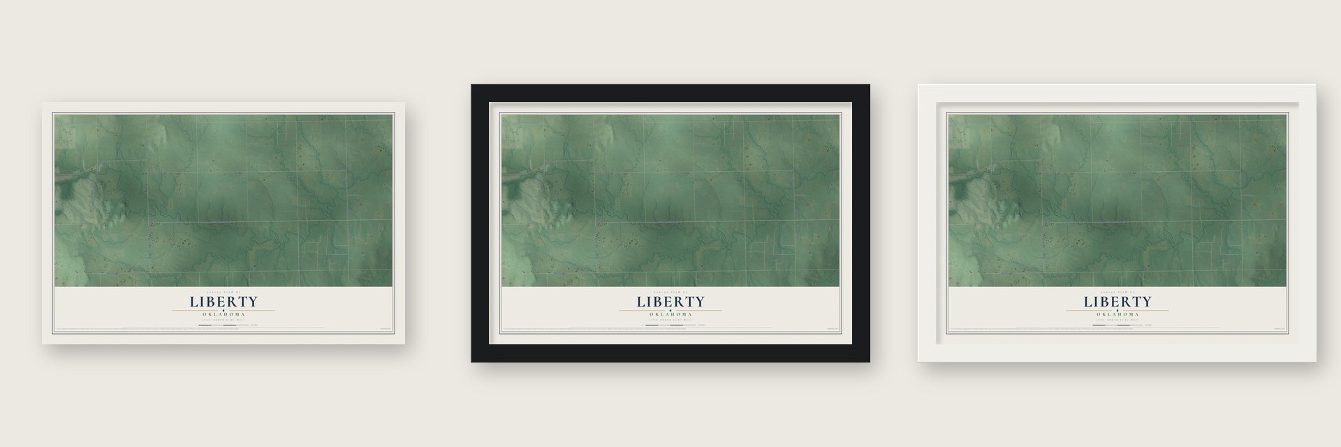 Liberty, Oklahoma map unframed, in a black wood frame and in a white wood frame