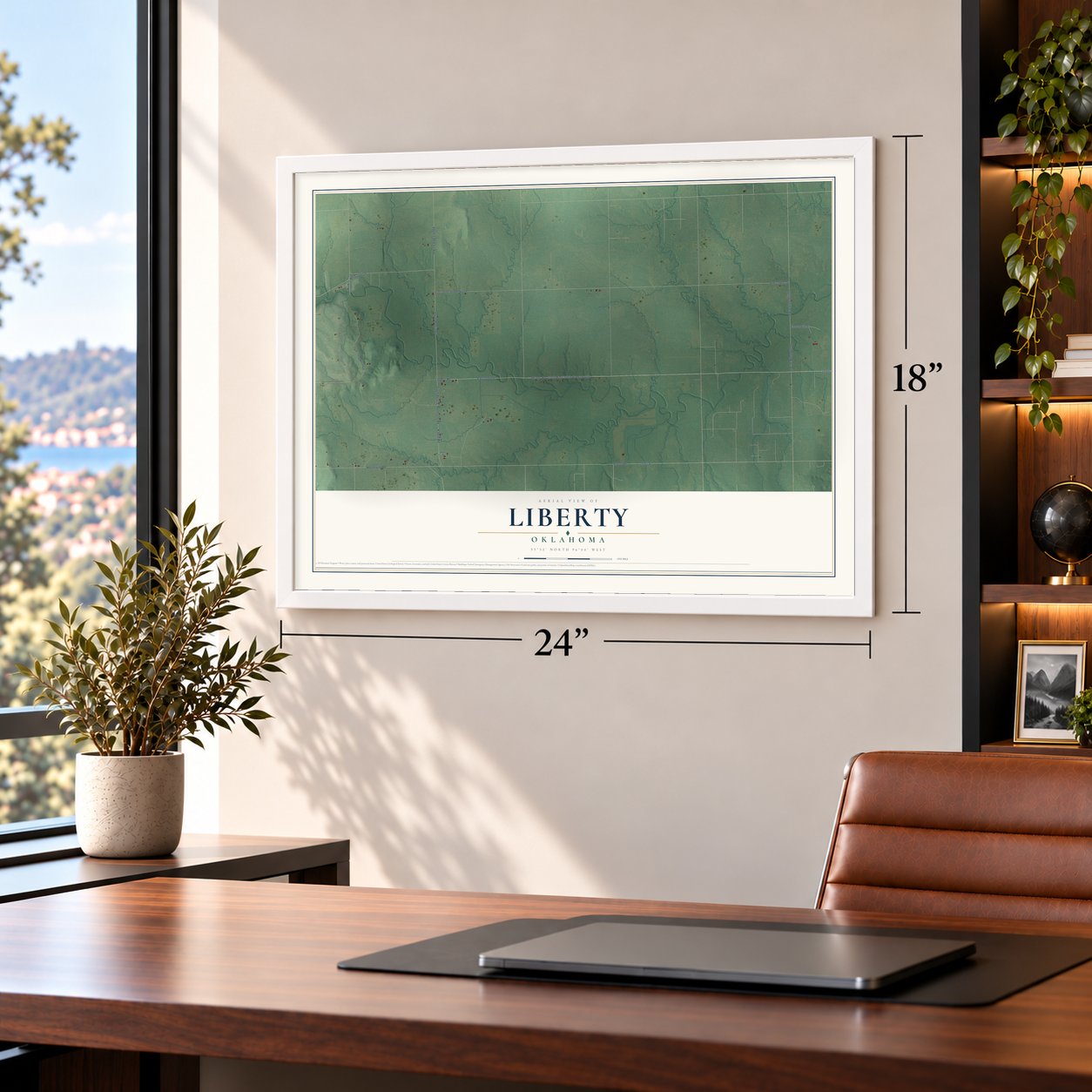 Liberty, Oklahoma map, 18 x 24 inch print in a white frame in a home office