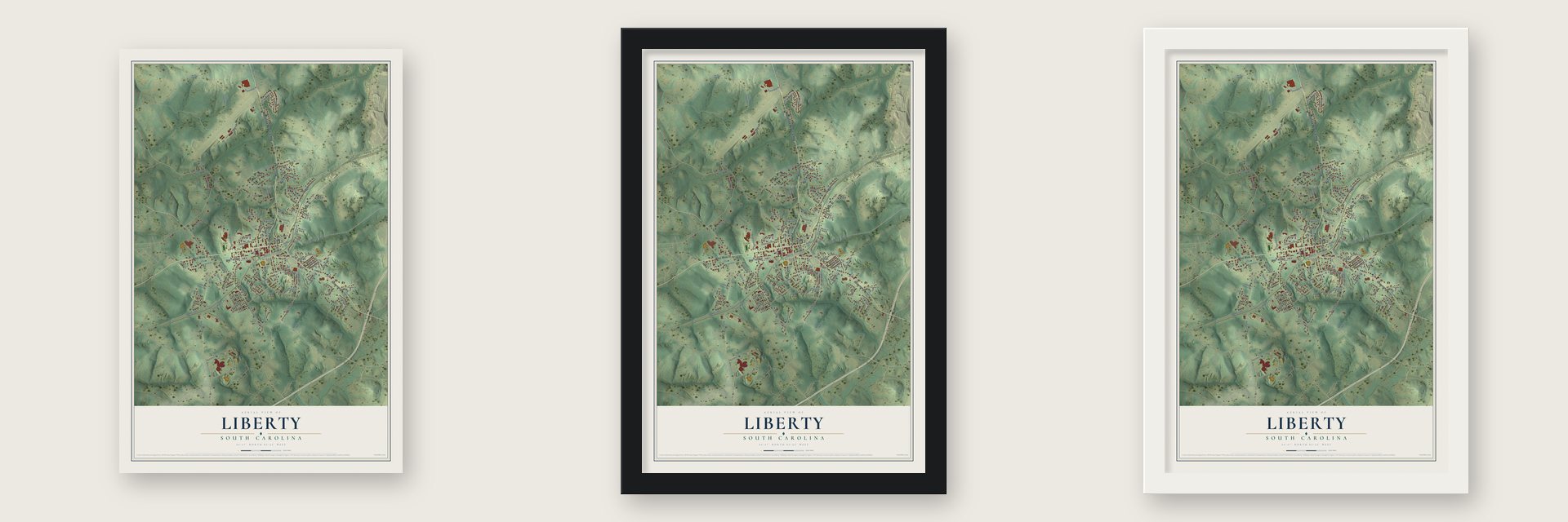 Liberty, South Carolina map unframed, in a black wood frame and in a white wood frame