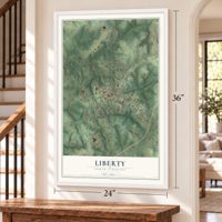 Liberty, South Carolina map, 24 x 36 inch print in a white frame by a staircase