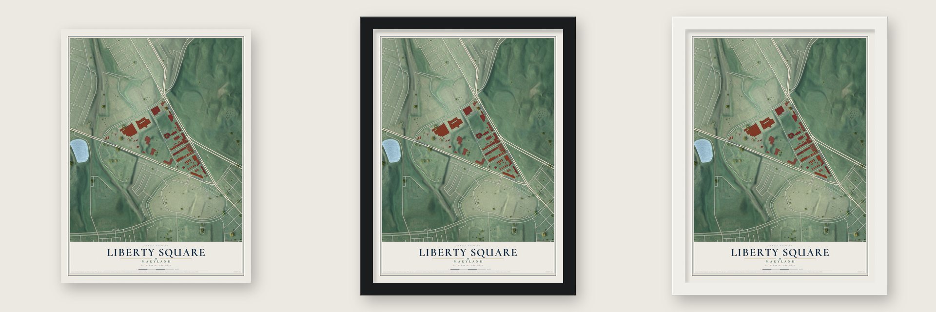 Liberty Square, Maryland map unframed, in a black wood frame and in a white wood frame