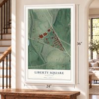 Liberty Square, Maryland map, 24 x 36 inch print in a white frame by a staircase