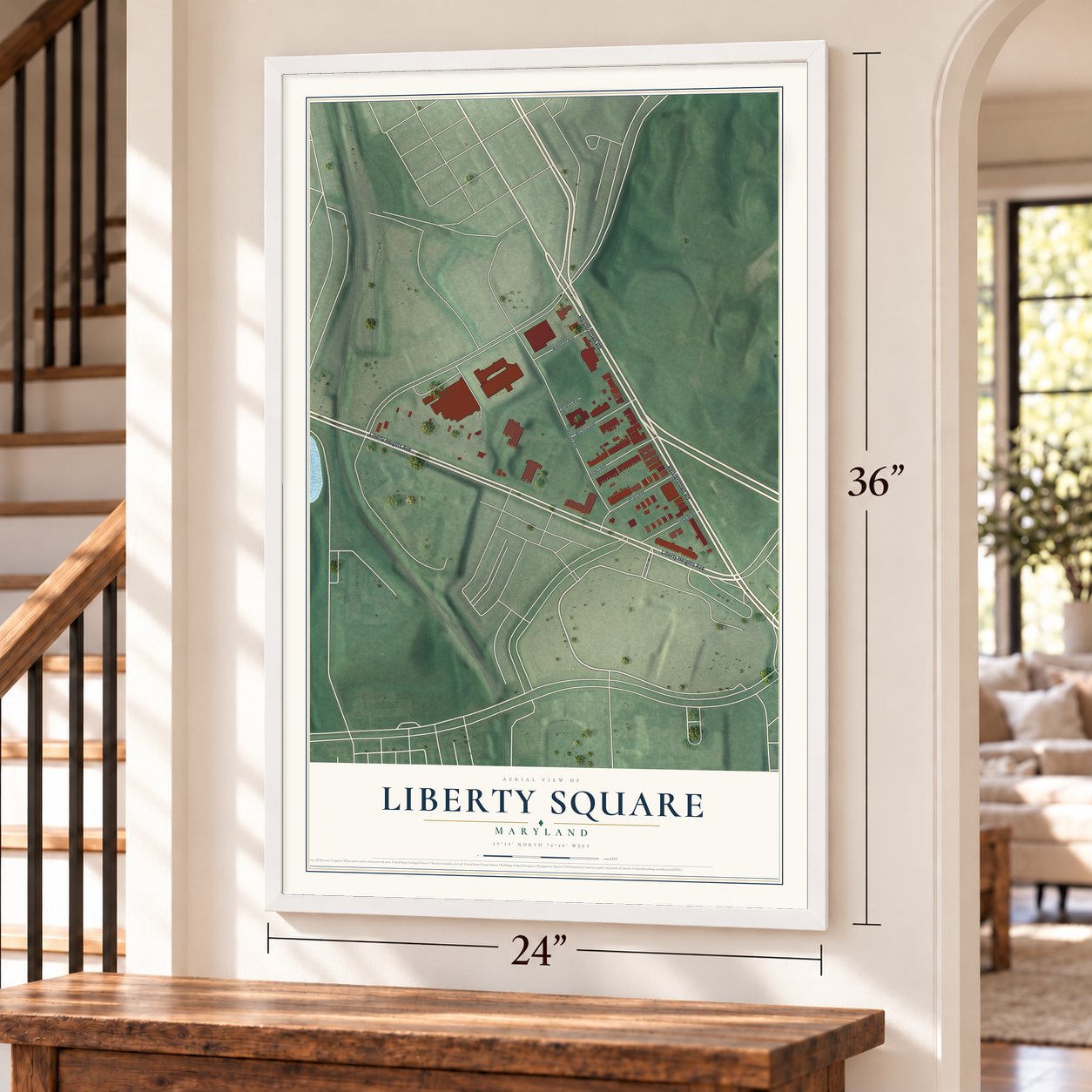 Liberty Square, Maryland map, 24 x 36 inch print in a white frame by a staircase