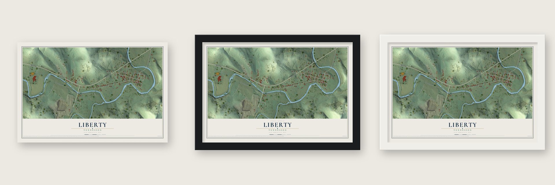 Liberty, Tennessee map unframed, in a black wood frame and in a white wood frame