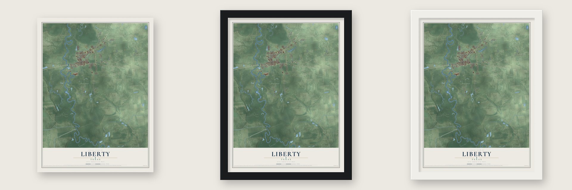 Liberty, Texas map unframed, in a black wood frame and in a white wood frame
