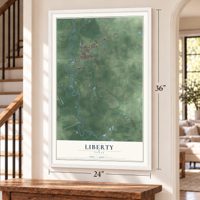 Liberty, Texas map, 24 x 36 inch print in a white frame by a staircase