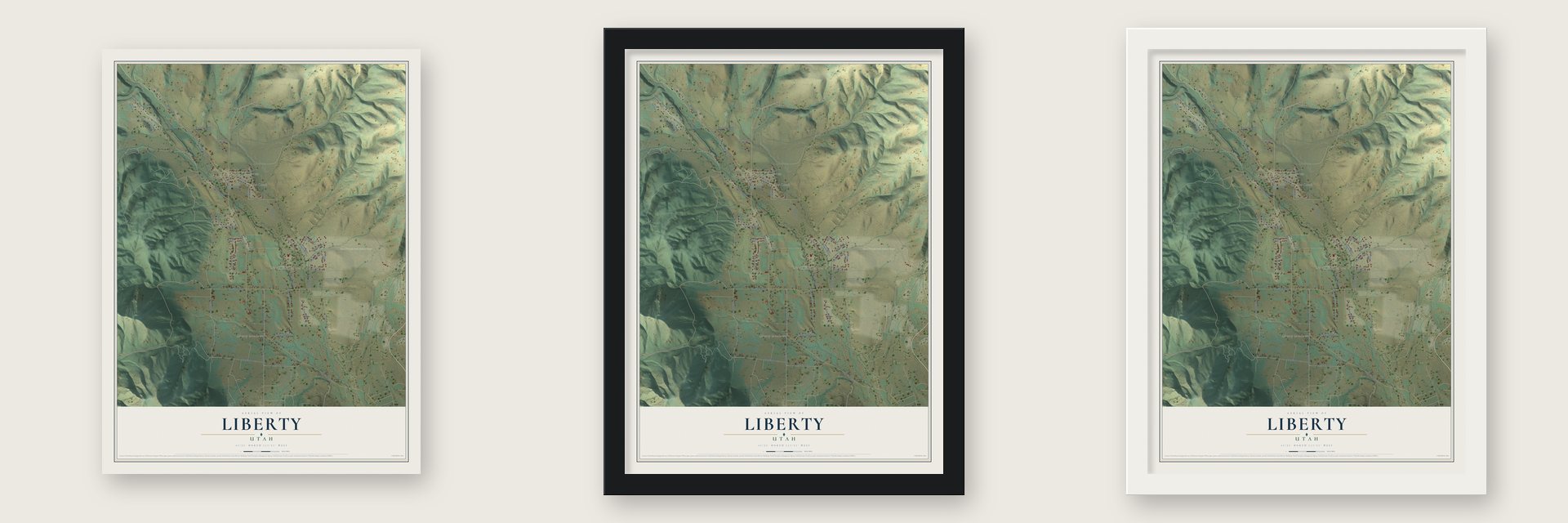 Liberty, Utah map unframed, in a black wood frame and in a white wood frame