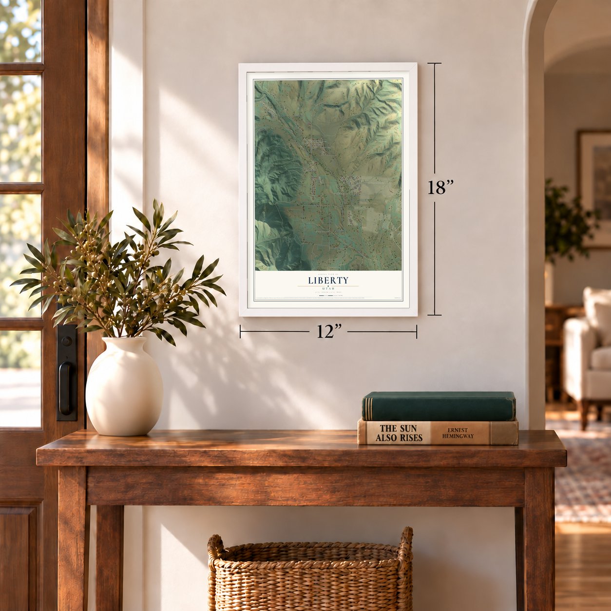 Liberty, Utah map, 12 x 18 inch print in a white frame in an entryway
