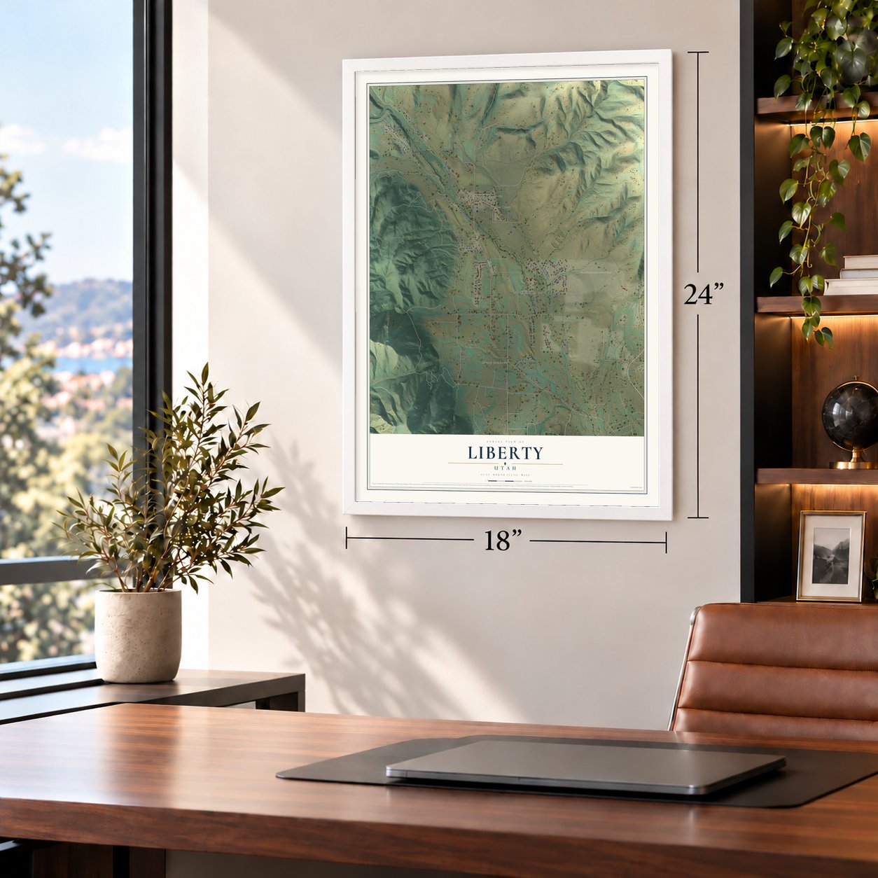 Liberty, Utah map, 18 x 24 inch print in a white frame in a home office