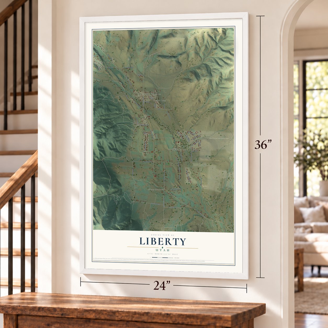 Liberty, Utah map, 24 x 36 inch print in a white frame by a staircase