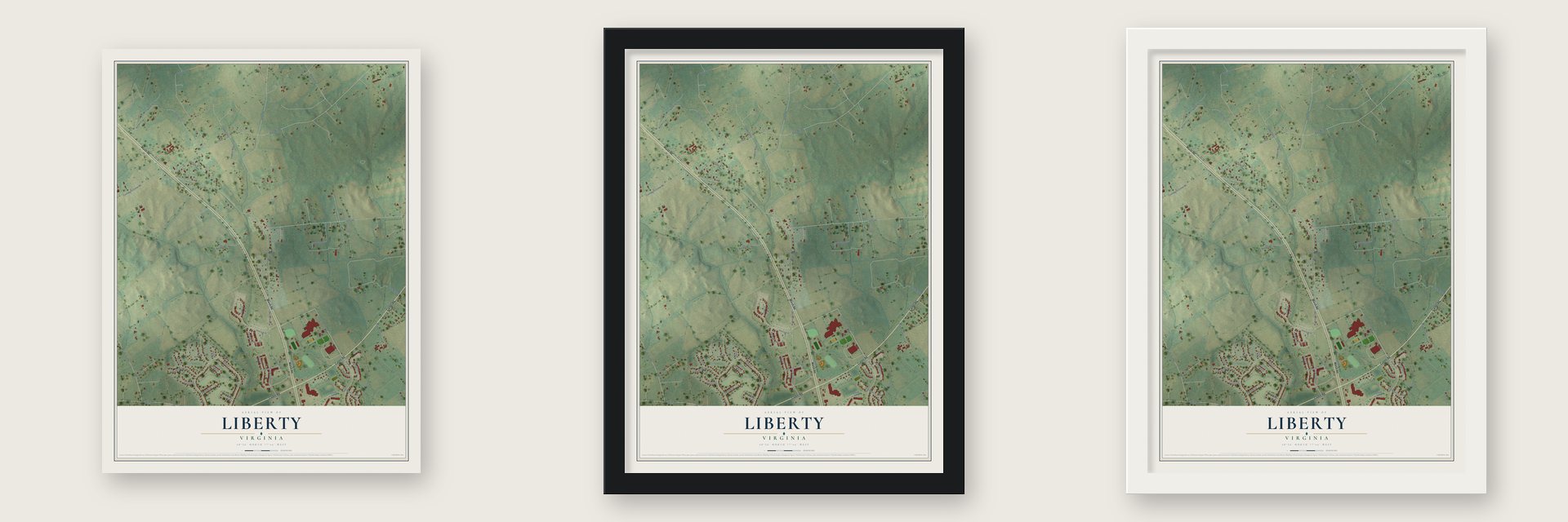Liberty, Virginia map unframed, in a black wood frame and in a white wood frame