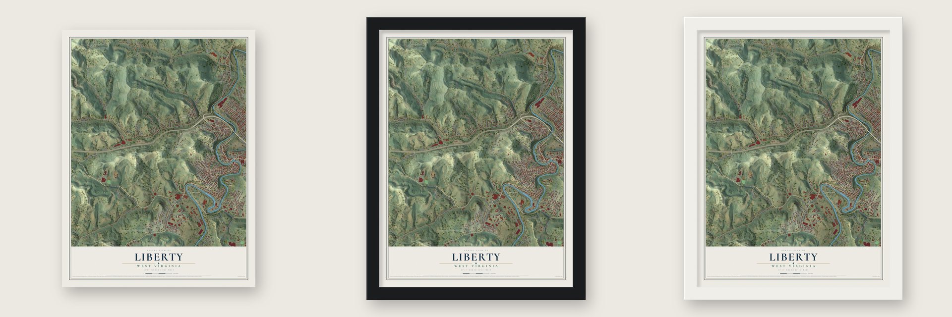 Liberty, West Virginia map unframed, in a black wood frame and in a white wood frame