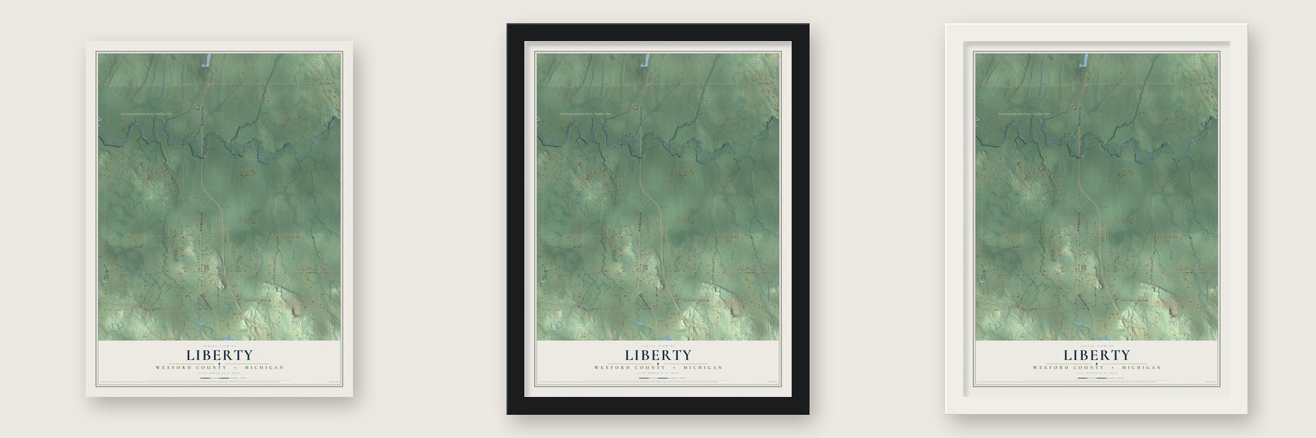 Liberty, Wexford County, Michigan map unframed, in a black wood frame and in a white wood frame