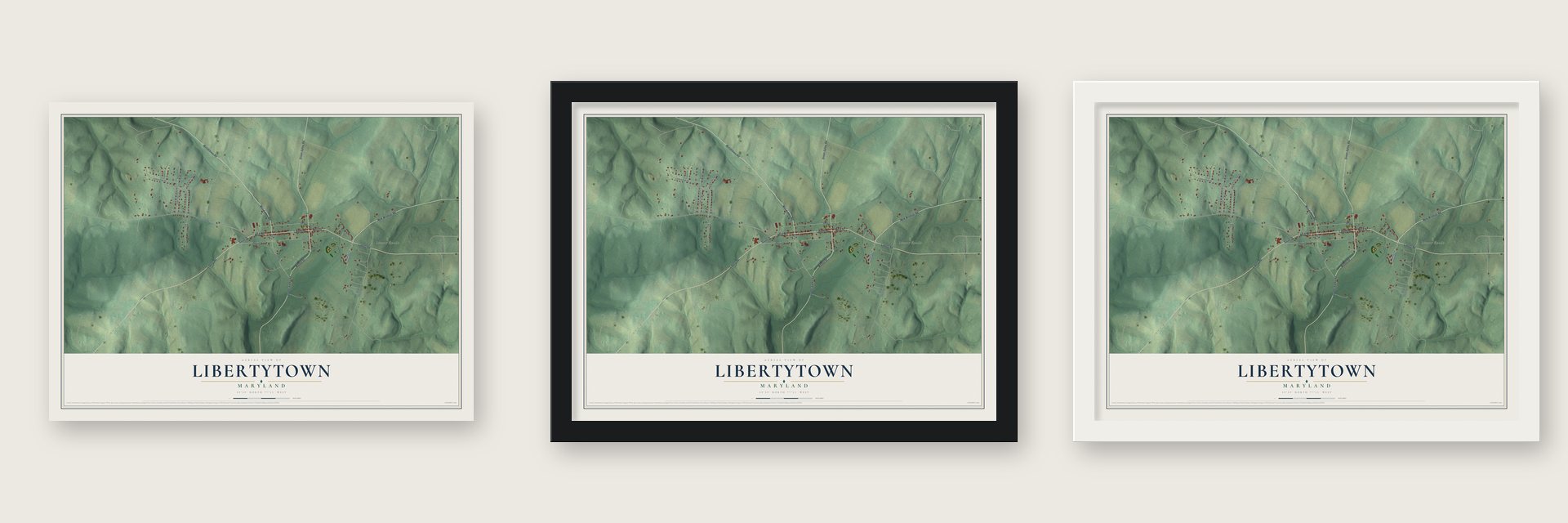 Libertytown, Maryland map unframed, in a black wood frame and in a white wood frame
