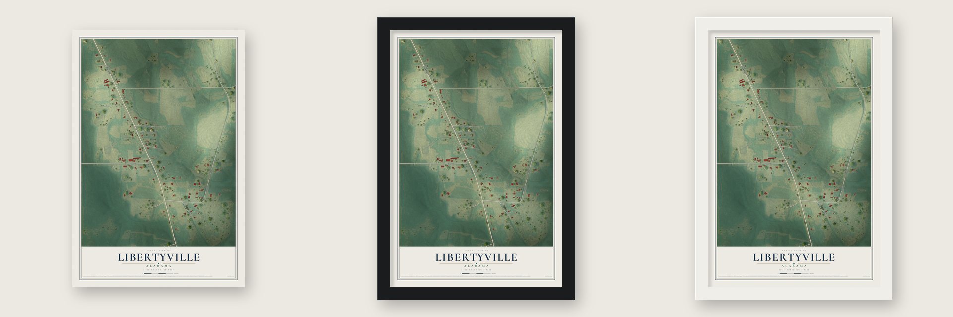 Libertyville, Alabama map unframed, in a black wood frame and in a white wood frame