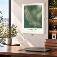 Libertyville, Alabama map, 18 x 24 inch print in a white frame in a home office