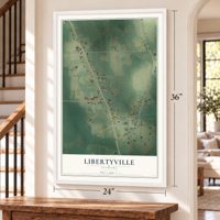 Libertyville, Alabama map, 24 x 36 inch print in a white frame by a staircase