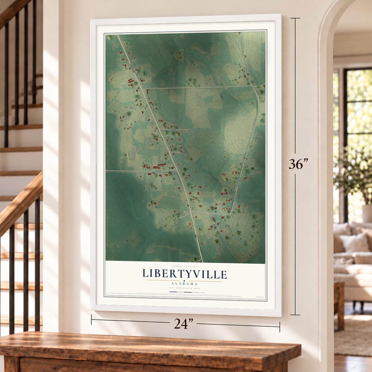 Libertyville, Alabama map, 24 x 36 inch print in a white frame by a staircase