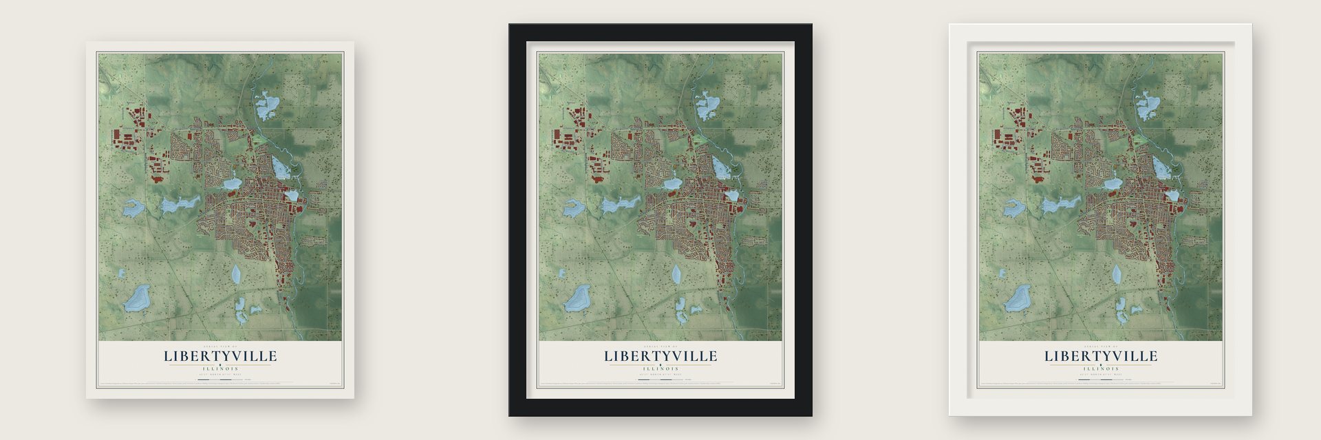 Libertyville, Illinois map unframed, in a black wood frame and in a white wood frame