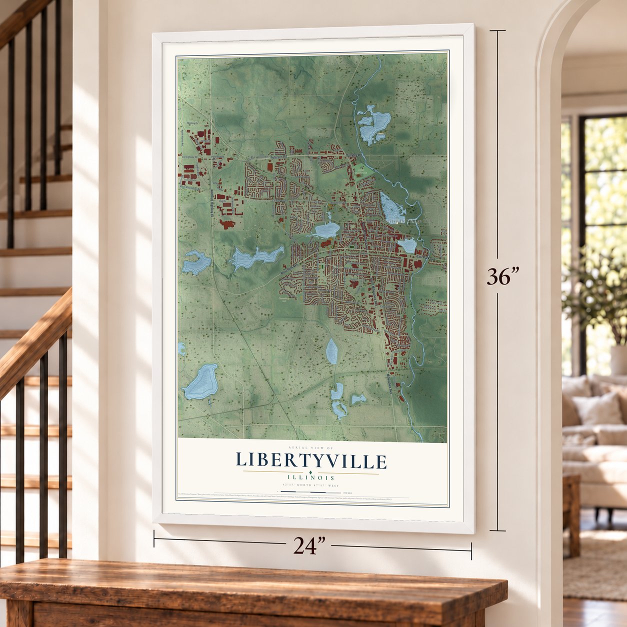 Libertyville, Illinois map, 24 x 36 inch print in a white frame by a staircase
