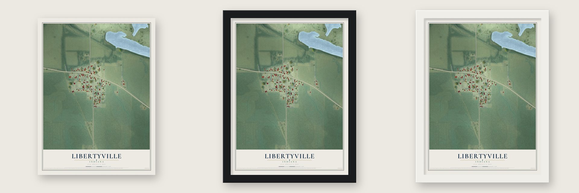 Libertyville, Indiana map unframed, in a black wood frame and in a white wood frame