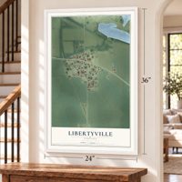 Libertyville, Indiana map, 24 x 36 inch print in a white frame by a staircase