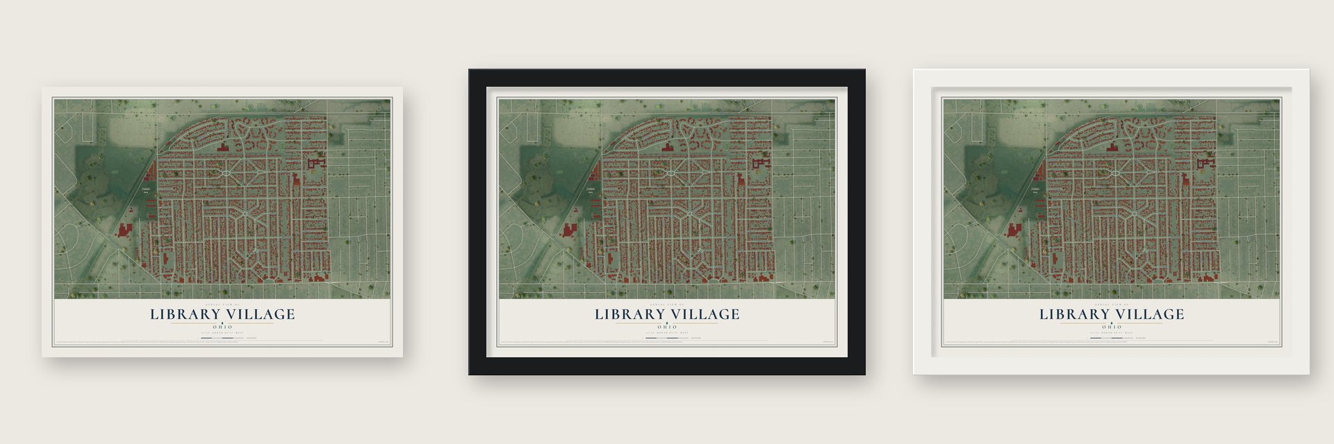 Library Village, Ohio map unframed, in a black wood frame and in a white wood frame