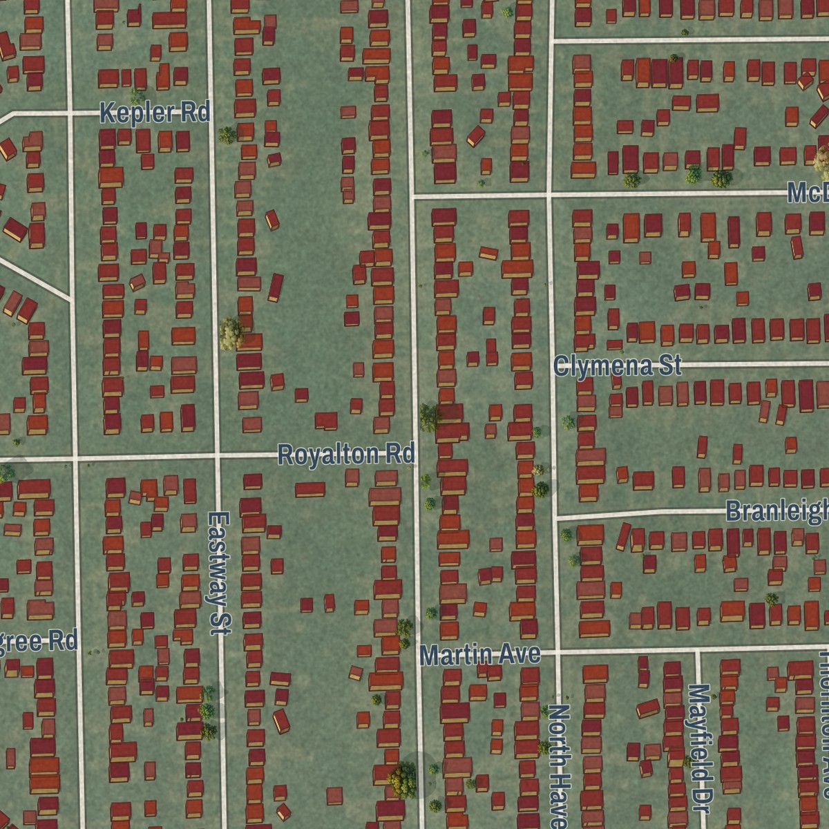 Second close-up of the map of Library Village, Ohio print showing more streets and buildings