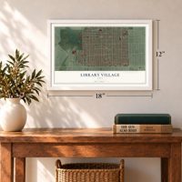 Library Village, Ohio map, 12 x 18 inch print in a white frame in an entryway