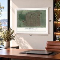 Library Village, Ohio map, 18 x 24 inch print in a white frame in a home office