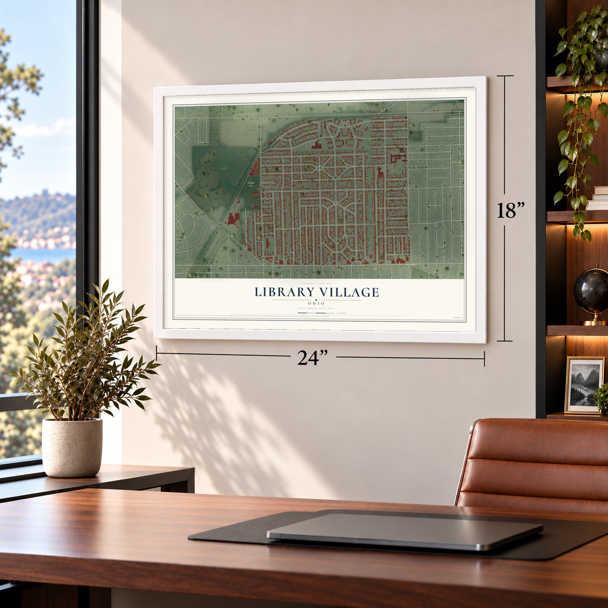 Library Village, Ohio map, 18 x 24 inch print in a white frame in a home office