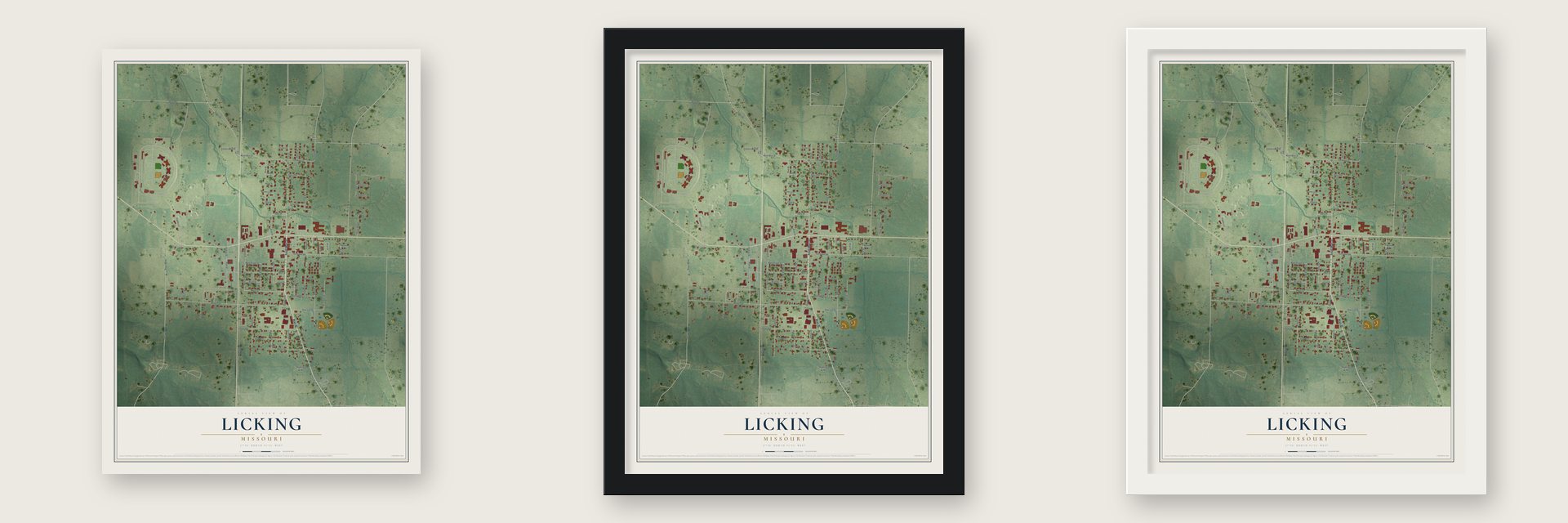 Licking, Missouri map unframed, in a black wood frame and in a white wood frame