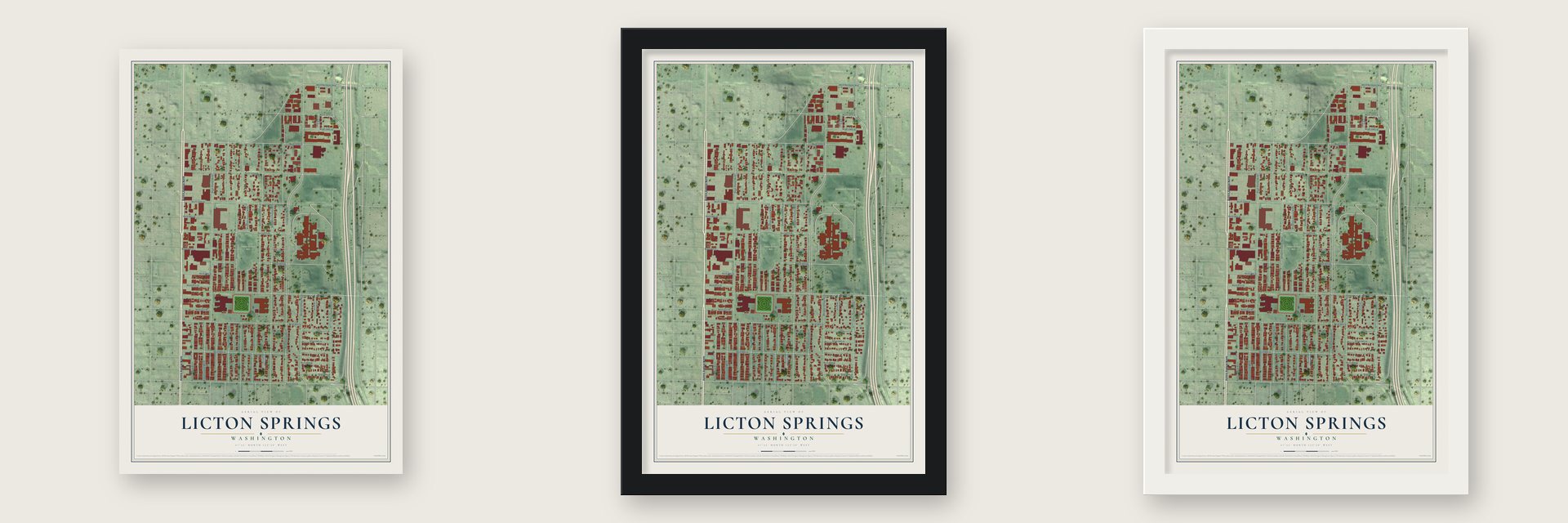Licton Springs, Washington map unframed, in a black wood frame and in a white wood frame