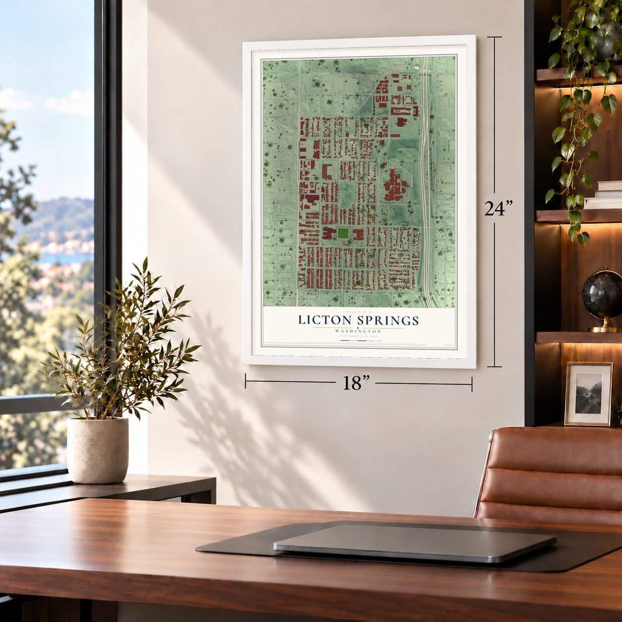 Licton Springs, Washington map, 18 x 24 inch print in a white frame in a home office
