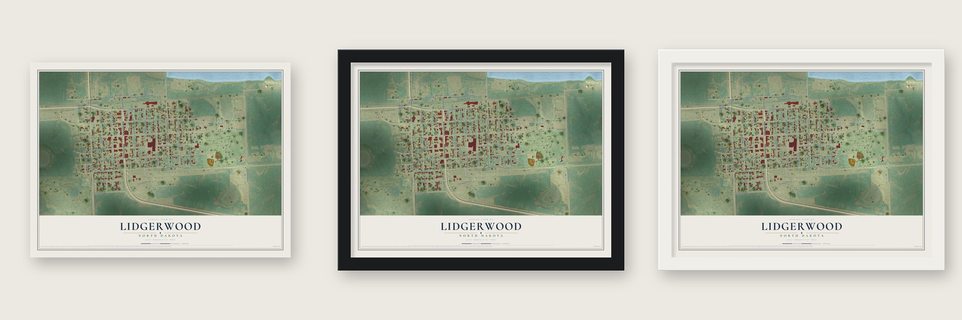 Lidgerwood, North Dakota map unframed, in a black wood frame and in a white wood frame