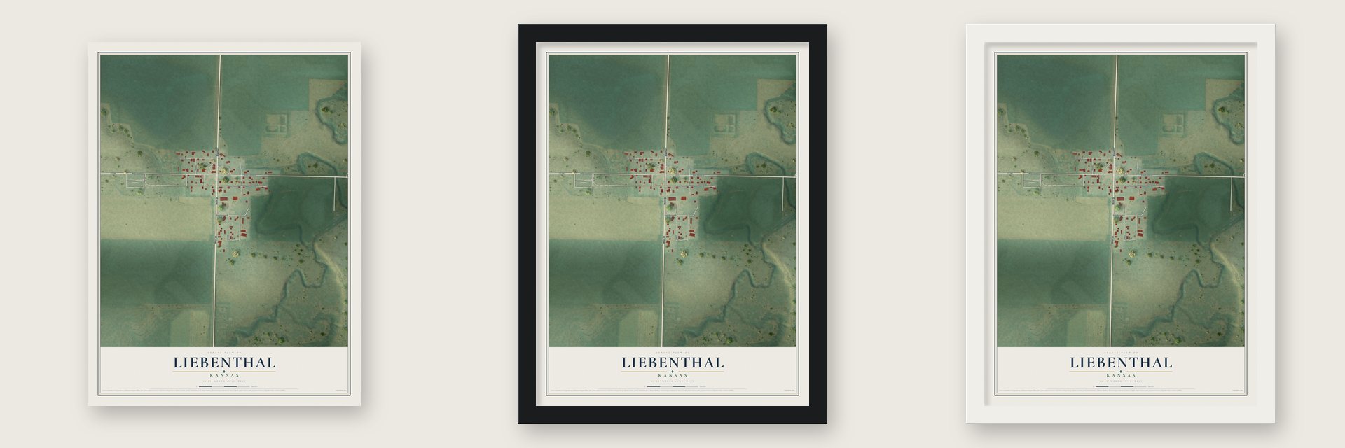 Liebenthal, Kansas map unframed, in a black wood frame and in a white wood frame
