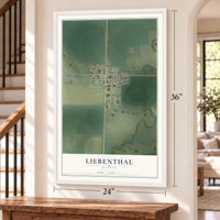 Liebenthal, Kansas map, 24 x 36 inch print in a white frame by a staircase