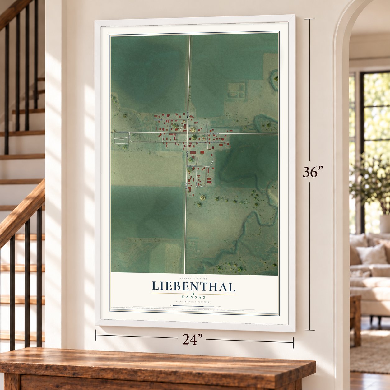Liebenthal, Kansas map, 24 x 36 inch print in a white frame by a staircase