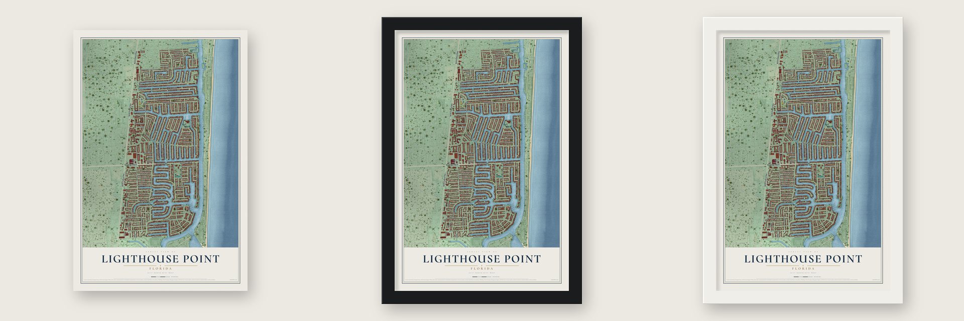 Lighthouse Point, Florida map unframed, in a black wood frame and in a white wood frame