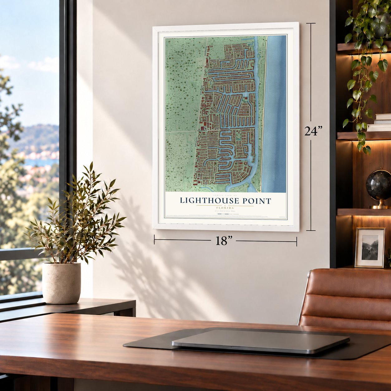 Lighthouse Point, Florida map, 18 x 24 inch print in a white frame in a home office