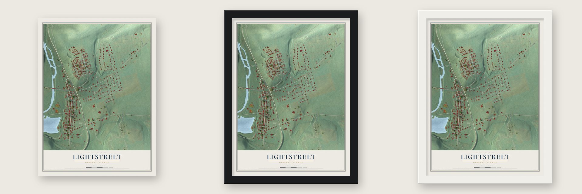 Lightstreet, Pennsylvania map unframed, in a black wood frame and in a white wood frame