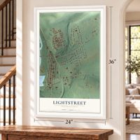 Lightstreet, Pennsylvania map, 24 x 36 inch print in a white frame by a staircase