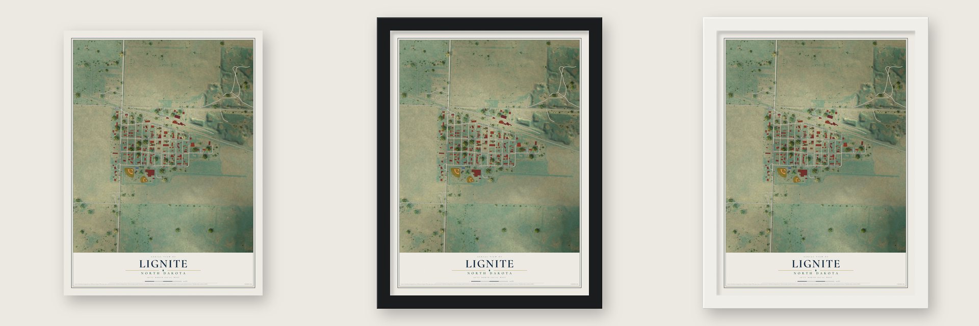 Lignite, North Dakota map unframed, in a black wood frame and in a white wood frame