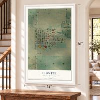 Lignite, North Dakota map, 24 x 36 inch print in a white frame by a staircase