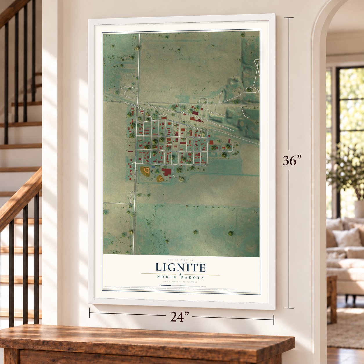Lignite, North Dakota map, 24 x 36 inch print in a white frame by a staircase