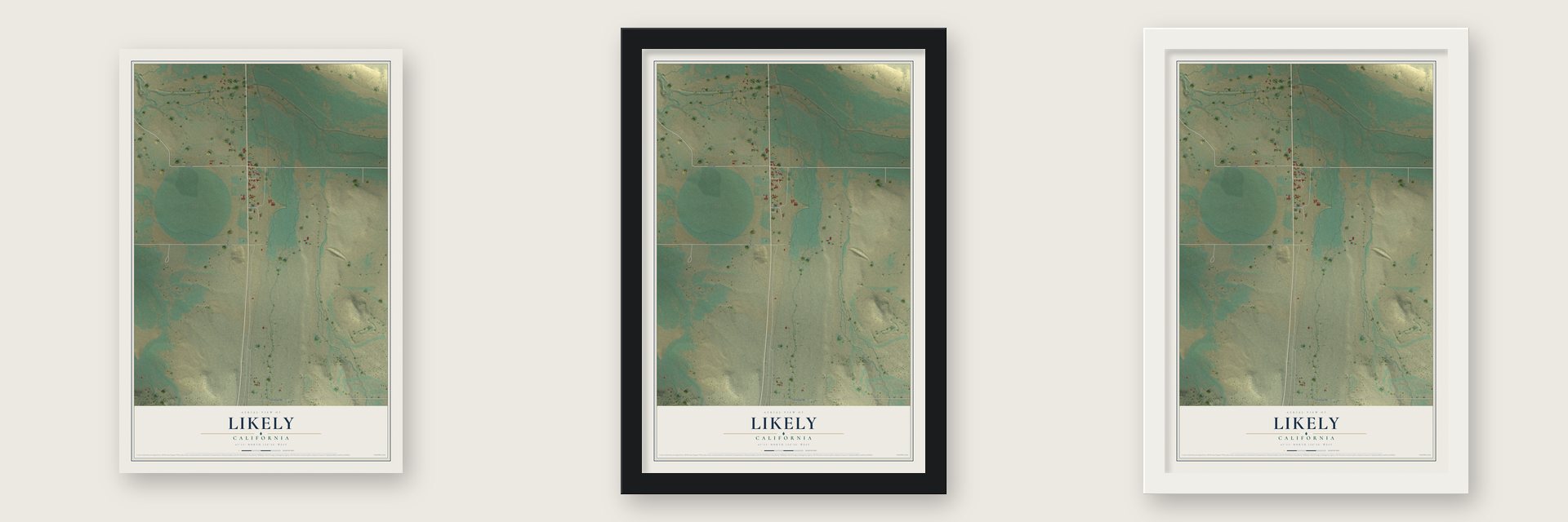 Likely, California map unframed, in a black wood frame and in a white wood frame