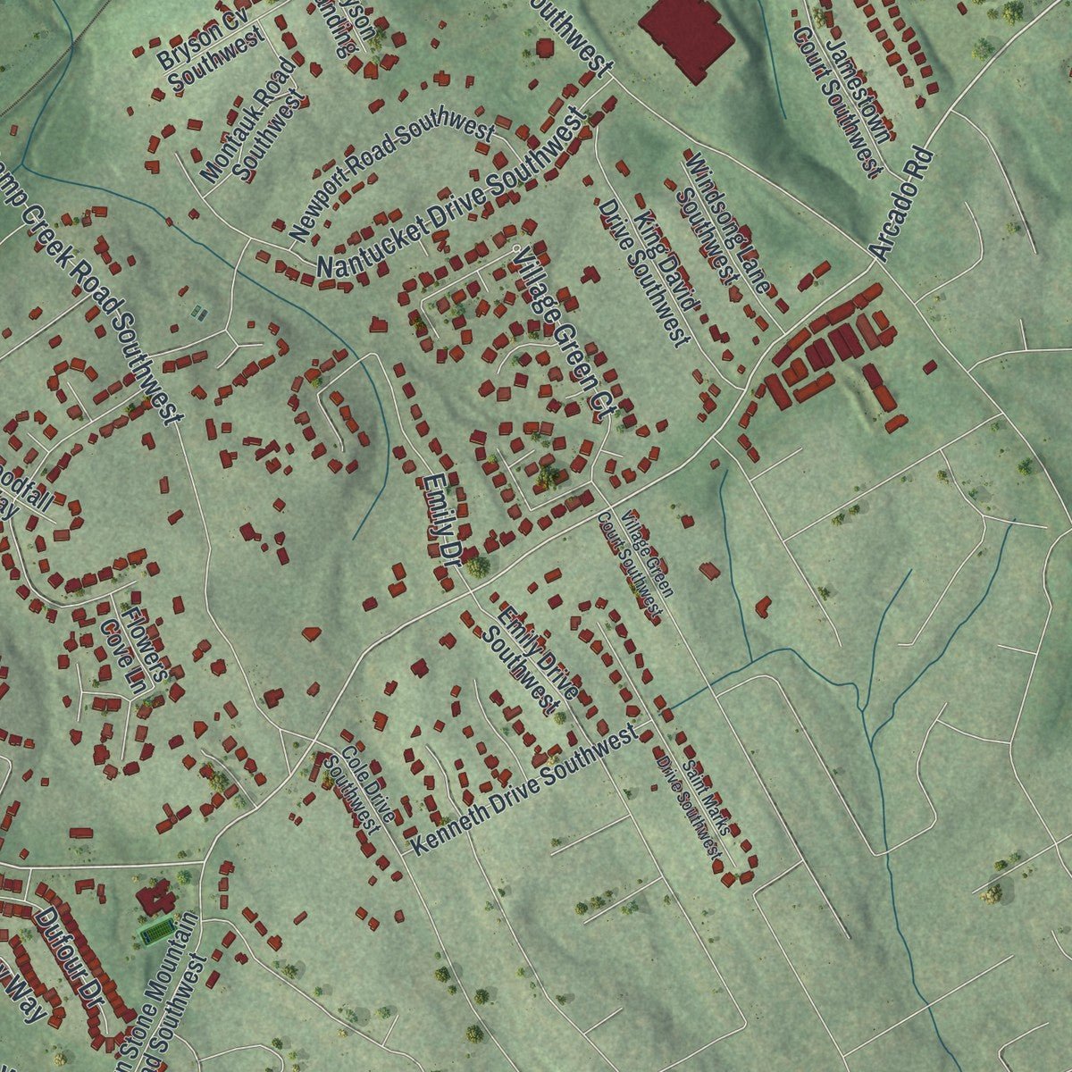 Second close-up of the map of Lilburn, Georgia print showing more streets and buildings
