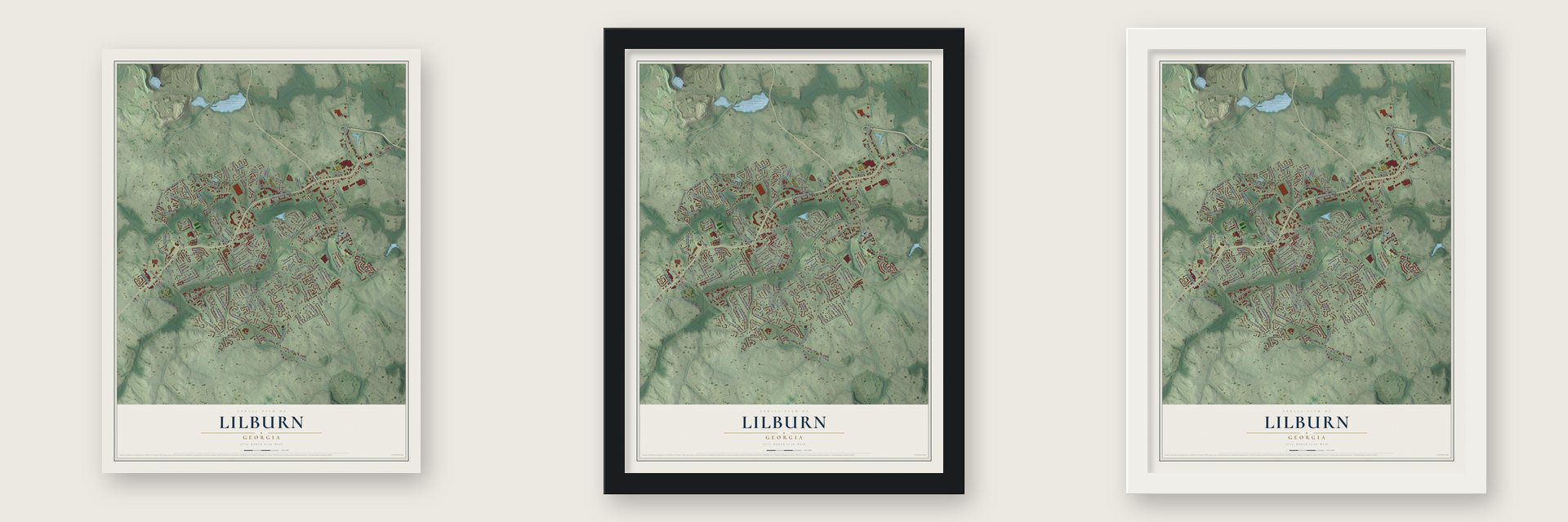 Lilburn, Georgia map unframed, in a black wood frame and in a white wood frame