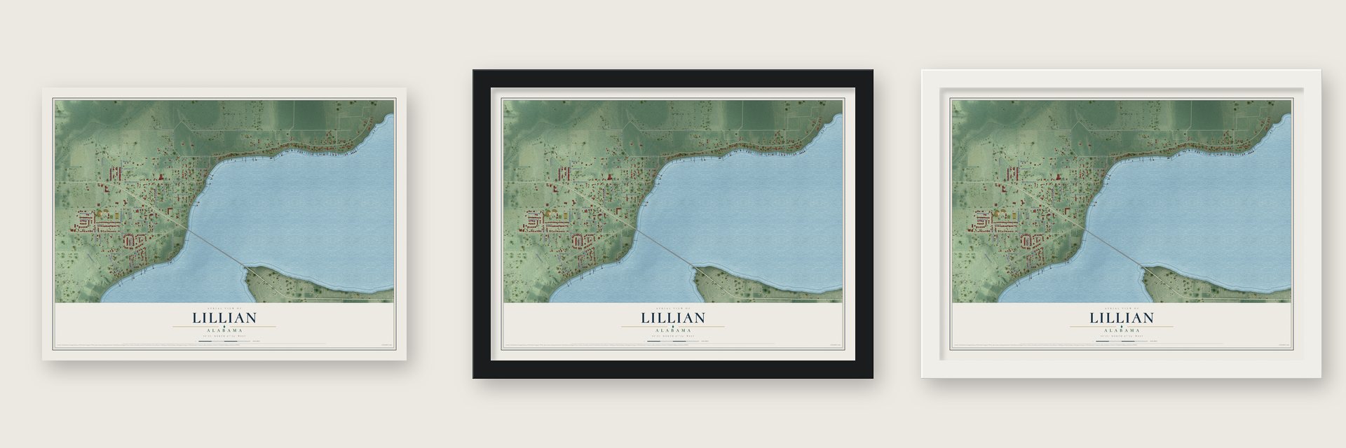 Lillian, Alabama map unframed, in a black wood frame and in a white wood frame
