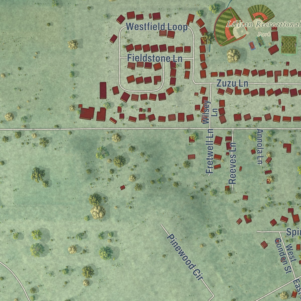Second close-up of the map of Lillian, Alabama print showing more streets and buildings